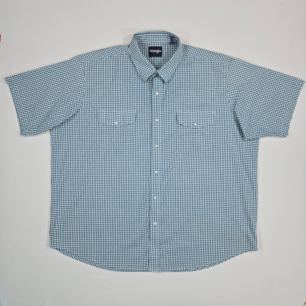 Wrangler 3X Gingham Check Shirt Short Sleeve Button Front Blue Stretch Casual
